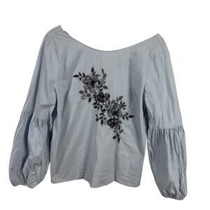 White House Black Market Blue Striped Top with Black Floral Embroidery